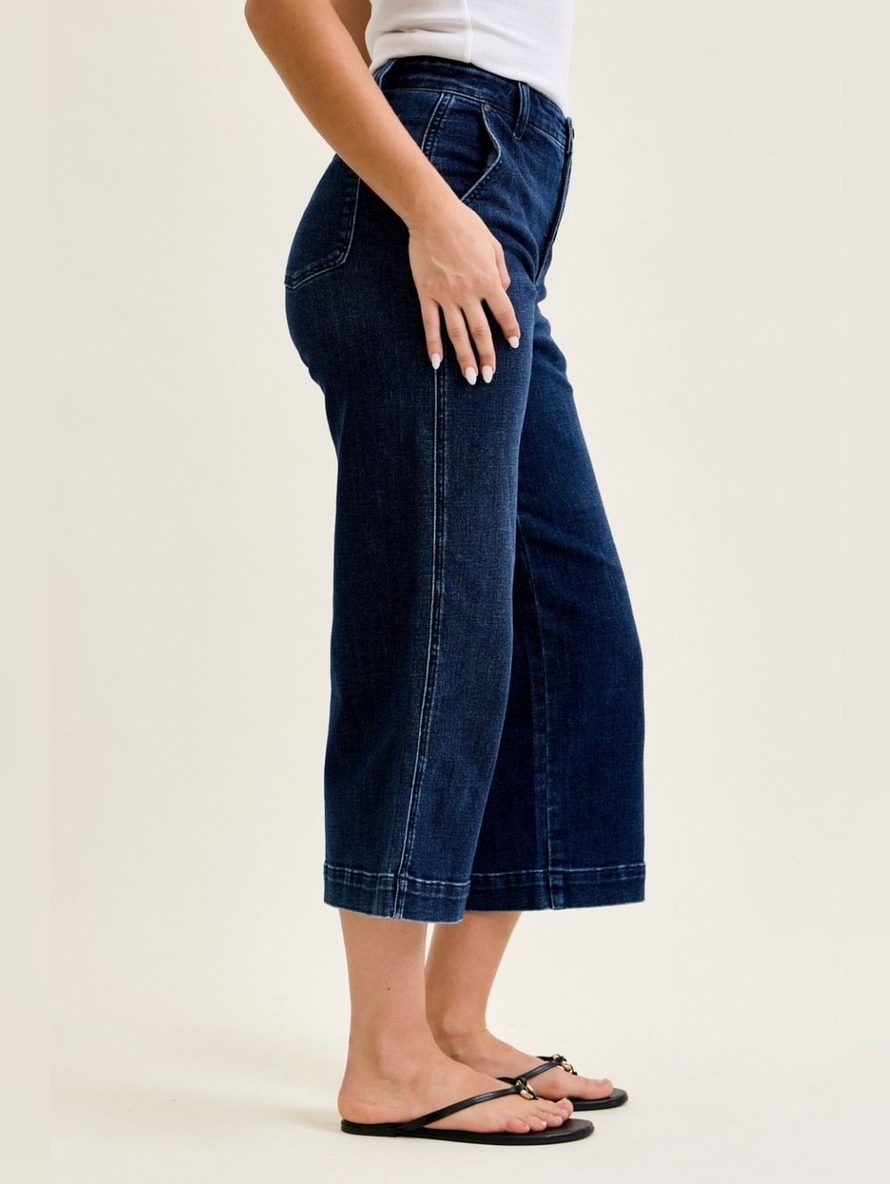 Judy Blue High Waist Ankle Wide Cropped Dark Indigo Blue Jeans - Picture 3 of 8